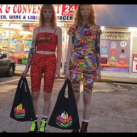 Dolls Kill Pants - Dolls Kill Junkie Food bike shorts Coachella Lmtd